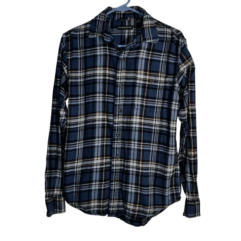 G.H. Bass & Co. Men’s Small Blue Brown White Plaid Flannel Shirt 100% Cotton